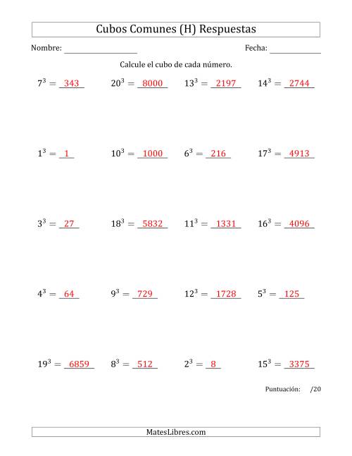 La hoja de ejercicios de Cubos de los números de 1 a 20 (H) Página 2