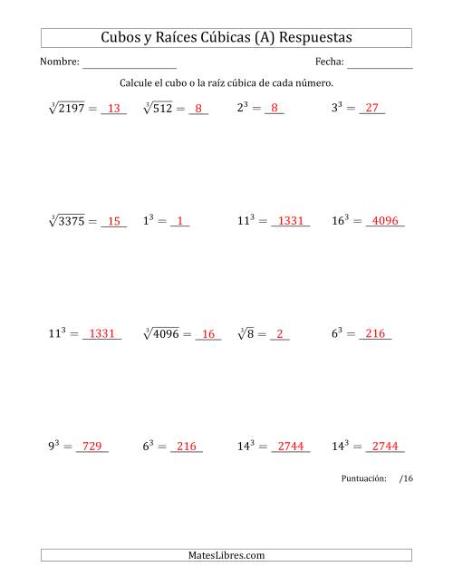 La hoja de ejercicios de Cubos y raíces cúbicas con números de 1 a 16 (A) Página 2