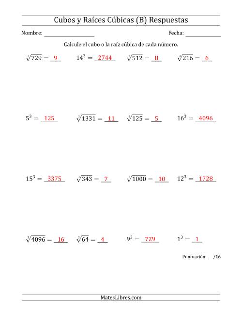 La hoja de ejercicios de Cubos y raíces cúbicas con números de 1 a 16 (B) Página 2