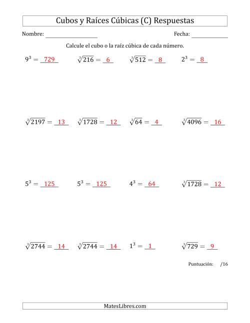 La hoja de ejercicios de Cubos y raíces cúbicas con números de 1 a 16 (C) Página 2