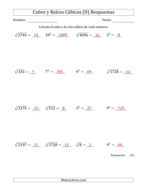 La hoja de ejercicios de Cubos y raíces cúbicas con números de 1 a 16 (D) Página 2
