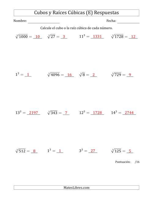 La hoja de ejercicios de Cubos y raíces cúbicas con números de 1 a 16 (E) Página 2
