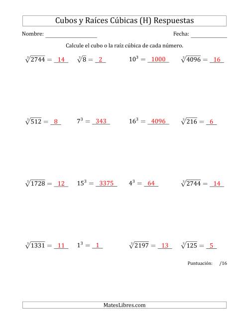 La hoja de ejercicios de Cubos y raíces cúbicas con números de 1 a 16 (H) Página 2