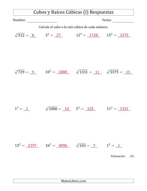 La hoja de ejercicios de Cubos y raíces cúbicas con números de 1 a 16 (I) Página 2