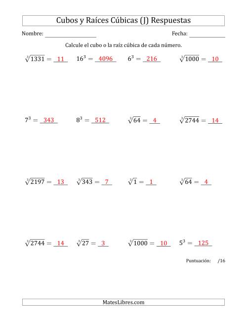 La hoja de ejercicios de Cubos y raíces cúbicas con números de 1 a 16 (J) Página 2