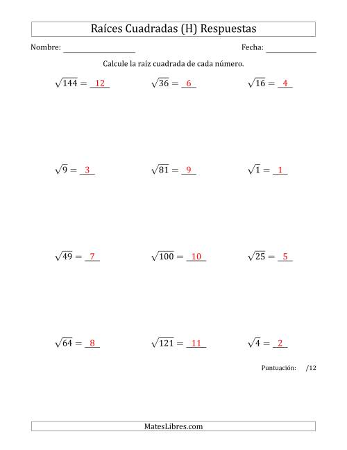 La hoja de ejercicios de Raíces Cuadradas de 1 a 12 (H) Página 2