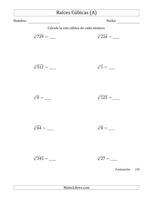 La hoja de ejercicios de Raíces cúbicas con números de 0 a 9 (A)