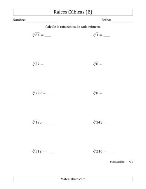 La hoja de ejercicios de Raíces cúbicas con números de 0 a 9 (B)