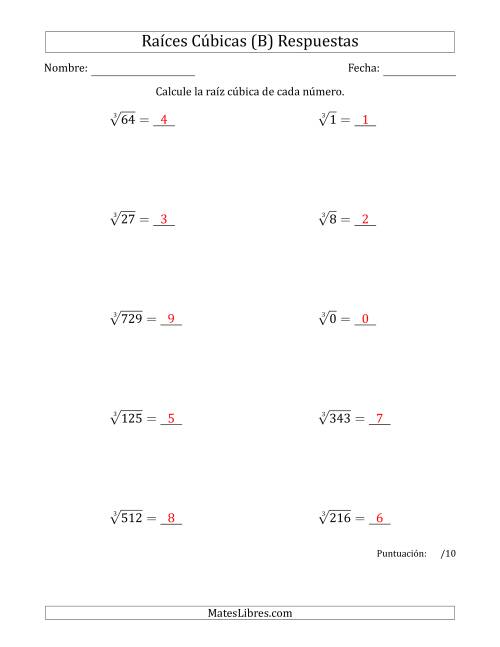 La hoja de ejercicios de Raíces cúbicas con números de 0 a 9 (B) Página 2