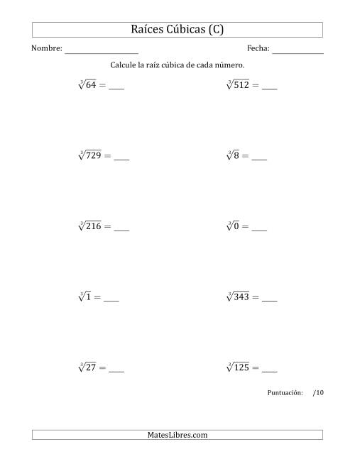 La hoja de ejercicios de Raíces cúbicas con números de 0 a 9 (C)