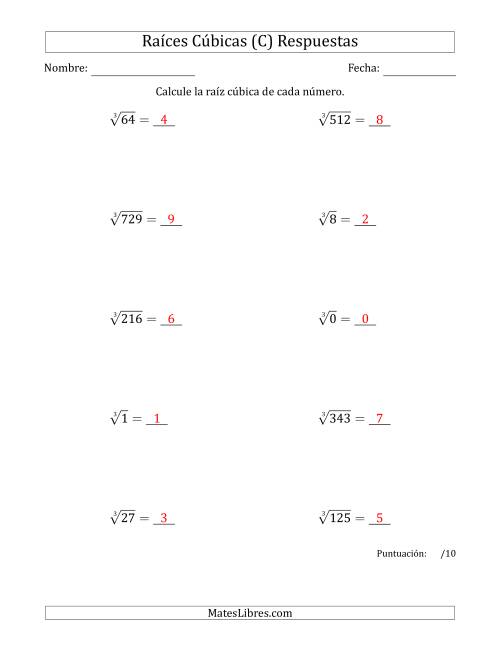La hoja de ejercicios de Raíces cúbicas con números de 0 a 9 (C) Página 2