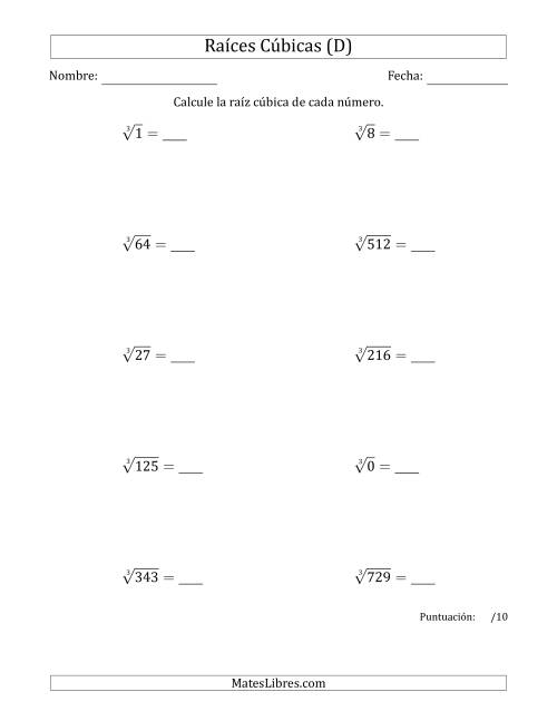 La hoja de ejercicios de Raíces cúbicas con números de 0 a 9 (D)