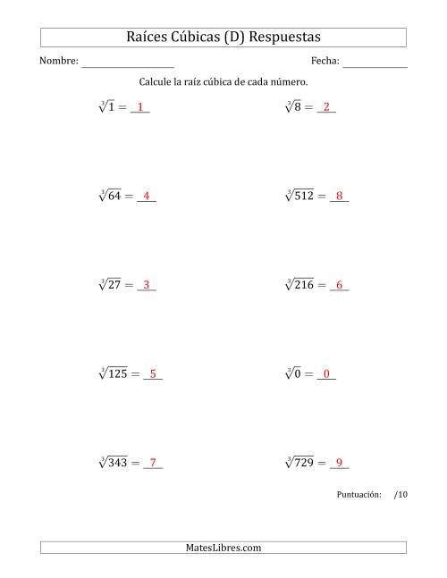 La hoja de ejercicios de Raíces cúbicas con números de 0 a 9 (D) Página 2