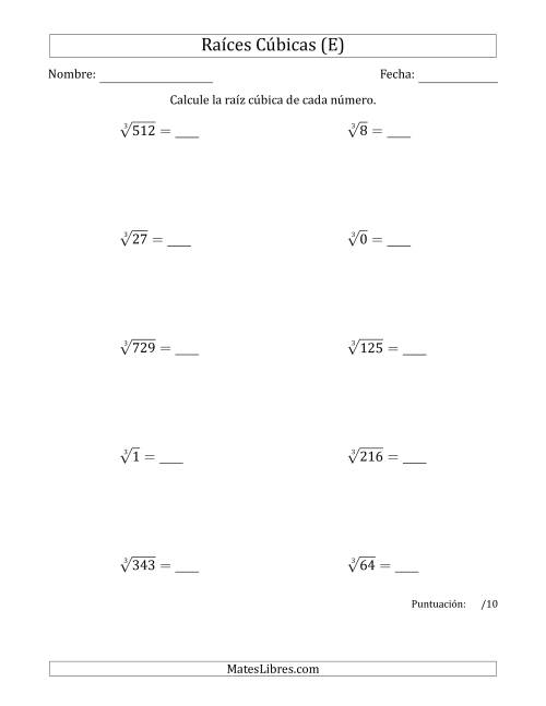 La hoja de ejercicios de Raíces cúbicas con números de 0 a 9 (E)