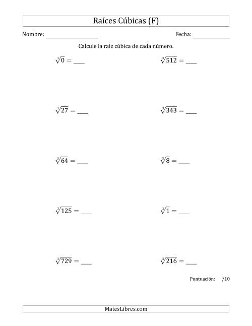 La hoja de ejercicios de Raíces cúbicas con números de 0 a 9 (F)