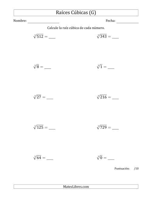 La hoja de ejercicios de Raíces cúbicas con números de 0 a 9 (G)