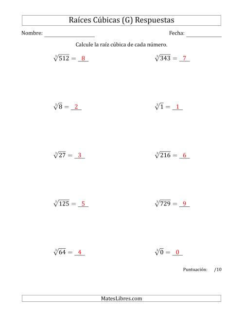 La hoja de ejercicios de Raíces cúbicas con números de 0 a 9 (G) Página 2