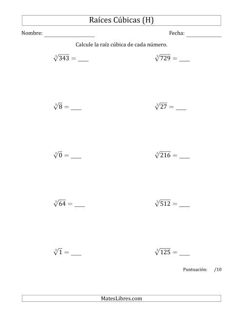 La hoja de ejercicios de Raíces cúbicas con números de 0 a 9 (H)