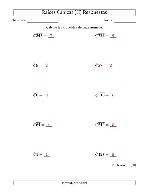 La hoja de ejercicios de Raíces cúbicas con números de 0 a 9 (H) Página 2