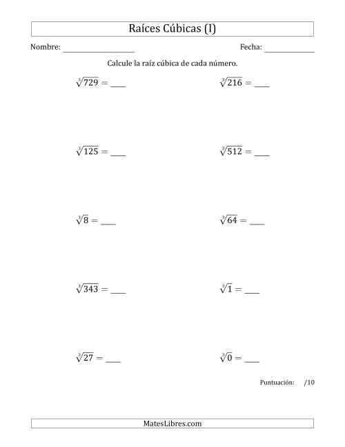 La hoja de ejercicios de Raíces cúbicas con números de 0 a 9 (I)