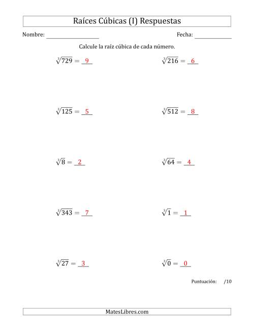 La hoja de ejercicios de Raíces cúbicas con números de 0 a 9 (I) Página 2