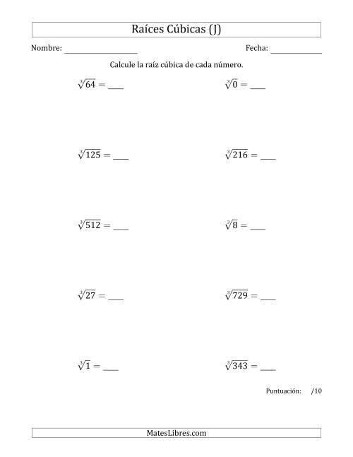 La hoja de ejercicios de Raíces cúbicas con números de 0 a 9 (J)