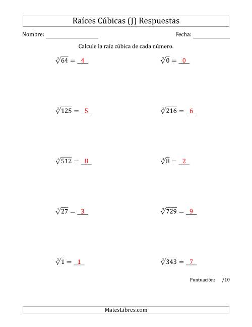 La hoja de ejercicios de Raíces cúbicas con números de 0 a 9 (J) Página 2