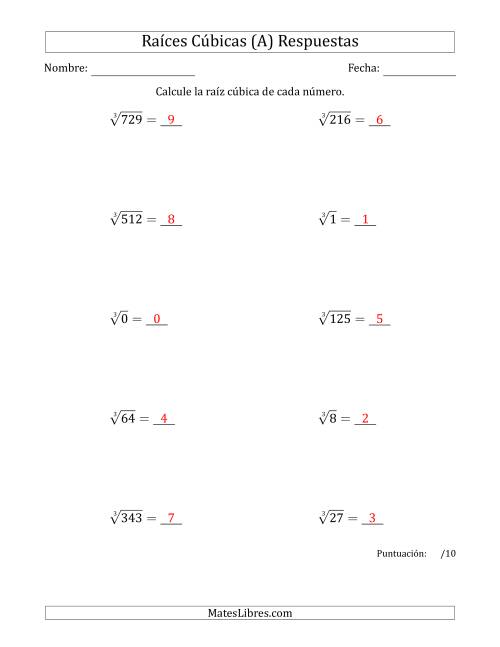 La hoja de ejercicios de Raíces cúbicas con números de 0 a 9 (Todas) Página 2