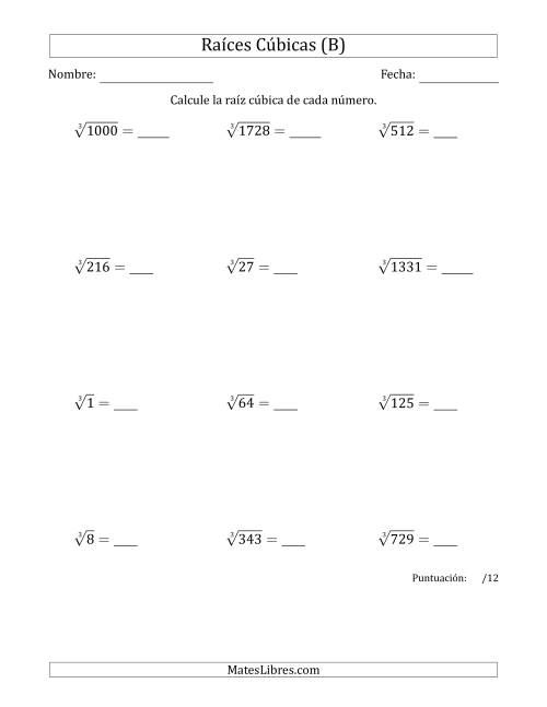 La hoja de ejercicios de Raíces cúbicas con números de 1 a 12 (B)