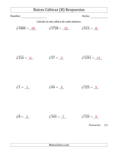 La hoja de ejercicios de Raíces cúbicas con números de 1 a 12 (B) Página 2