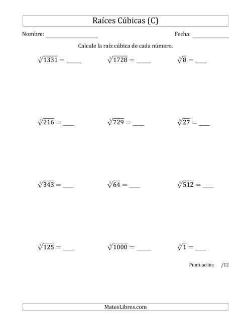 La hoja de ejercicios de Raíces cúbicas con números de 1 a 12 (C)