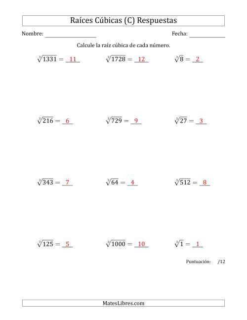 La hoja de ejercicios de Raíces cúbicas con números de 1 a 12 (C) Página 2