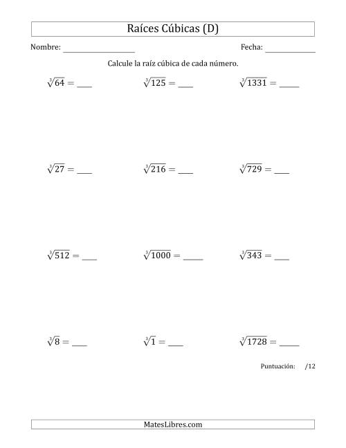 La hoja de ejercicios de Raíces cúbicas con números de 1 a 12 (D)