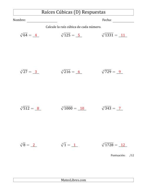 La hoja de ejercicios de Raíces cúbicas con números de 1 a 12 (D) Página 2