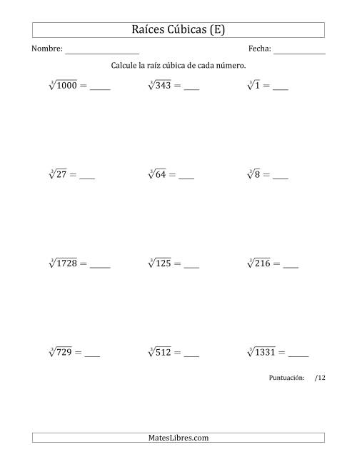 La hoja de ejercicios de Raíces cúbicas con números de 1 a 12 (E)