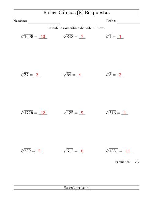 La hoja de ejercicios de Raíces cúbicas con números de 1 a 12 (E) Página 2