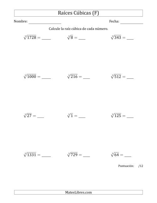 La hoja de ejercicios de Raíces cúbicas con números de 1 a 12 (F)