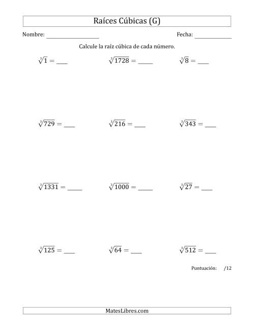 La hoja de ejercicios de Raíces cúbicas con números de 1 a 12 (G)