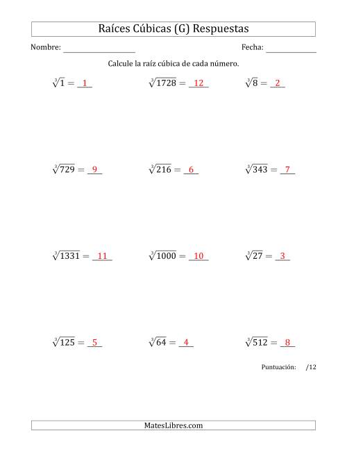 La hoja de ejercicios de Raíces cúbicas con números de 1 a 12 (G) Página 2