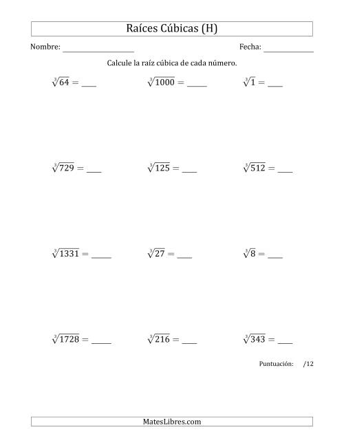 La hoja de ejercicios de Raíces cúbicas con números de 1 a 12 (H)