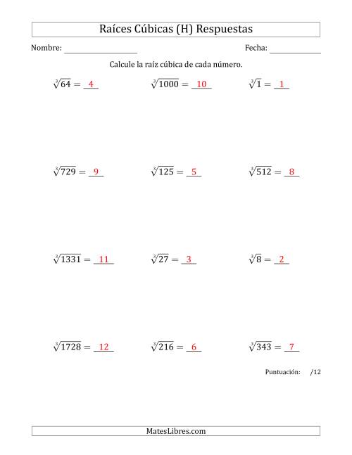 La hoja de ejercicios de Raíces cúbicas con números de 1 a 12 (H) Página 2