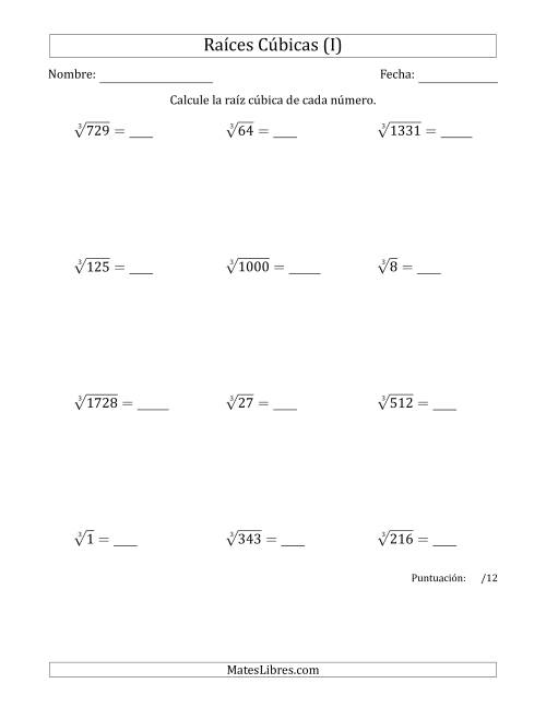La hoja de ejercicios de Raíces cúbicas con números de 1 a 12 (I)