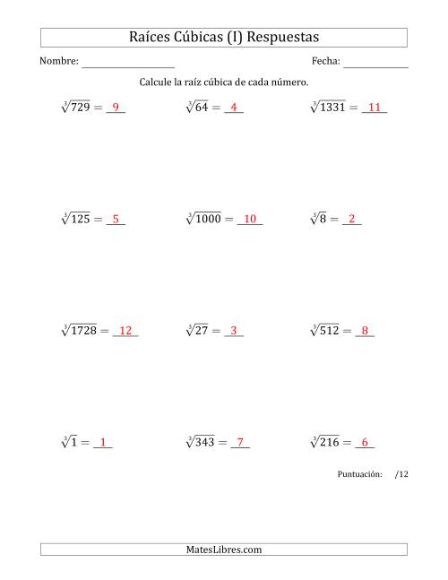 La hoja de ejercicios de Raíces cúbicas con números de 1 a 12 (I) Página 2