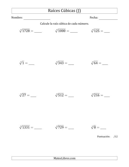 La hoja de ejercicios de Raíces cúbicas con números de 1 a 12 (J)