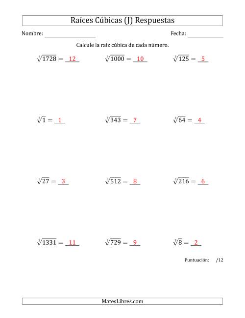 La hoja de ejercicios de Raíces cúbicas con números de 1 a 12 (J) Página 2