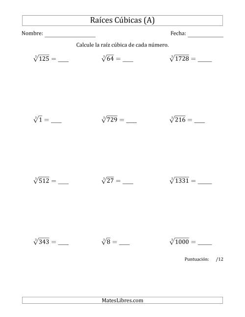La hoja de ejercicios de Raíces cúbicas con números de 1 a 12 (Todas)