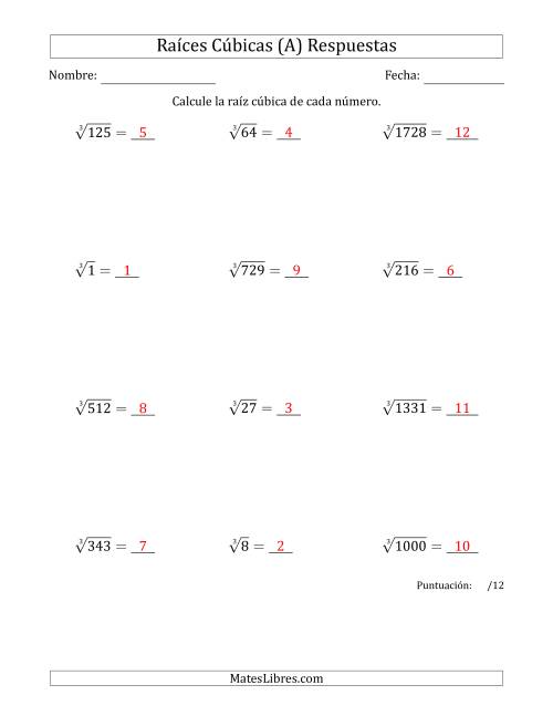 La hoja de ejercicios de Raíces cúbicas con números de 1 a 12 (Todas) Página 2