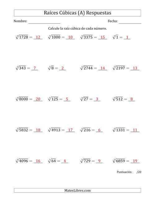 La hoja de ejercicios de Raíces cúbicas con números de 1 a 20 (A) Página 2