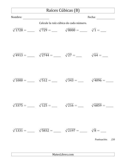 La hoja de ejercicios de Raíces cúbicas con números de 1 a 20 (B)