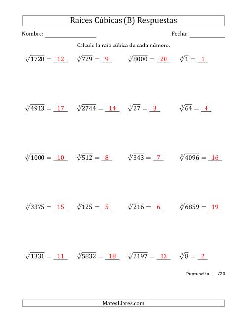La hoja de ejercicios de Raíces cúbicas con números de 1 a 20 (B) Página 2